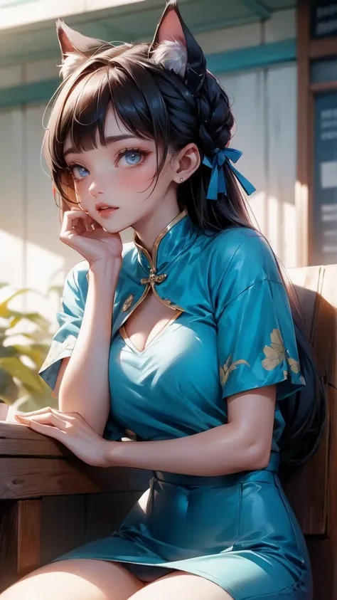 Cute Girl, cowboy shot,Chun Li&#39;s face cat ears red porcelain clothes sitting smiling anime style  