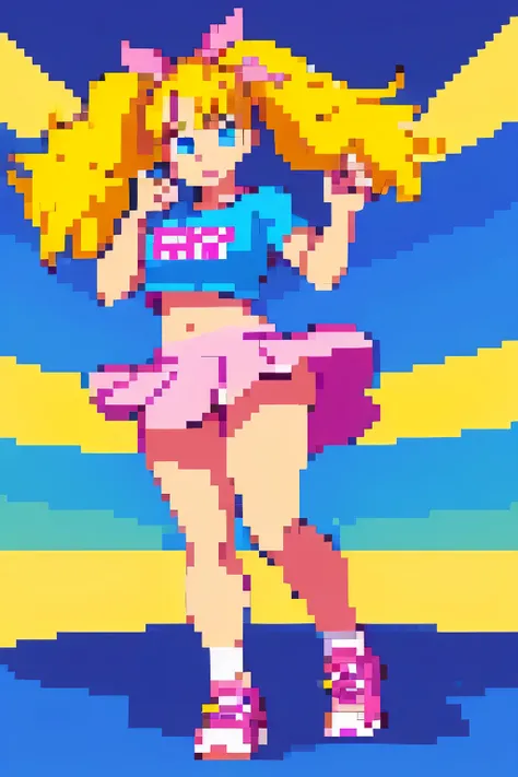 AGirl power street cheerleader big chest long hair tail back yellow hair you are wearing pink ribbon hair blue eyes she wears a cheerleader shirt she is wearing a full women&#39;s swimsuit and underneath her feet she is wearing purple tennis shoes holding ...