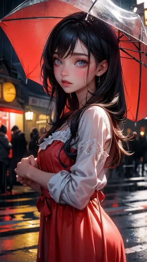 Cute Girl, cowboy shot,((Best quality, 8k, lace maxi dress, standing in the rain, red light district, highly detailed face and skin texture, detailed eyes, double eyelids.)