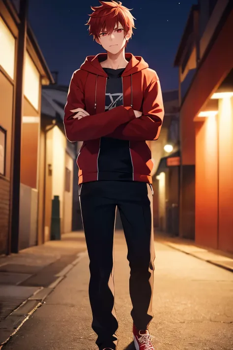 Best quality, high quality, A boy, young man, red hair, red eyes, short, dark skin, hoodies with open hood, black shirt, black pants, red sneakers, crossed arms pose, alley scene at night
