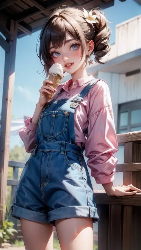 Cute Girl, cowboy shot,masterpiece,best quality, 1 girl,alone,Urarakaharu,work clothes,overall shorts,flower-shaped pupil,Change,pink shirt,Holding ice cream,(ponytail:0.6),Smile,open mouth,cloudy, 