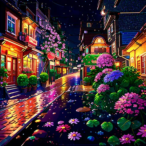 A small house in the city decorated with flowers and lights, Small road, Crowded, night view, it&#39;s raining, realistic, 4k