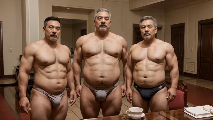 2 vietnamese grandfathers with gray hair, mature face, a thick mustache, a short chin beard, bear body, wearing a massive bulging gray jockstraps standing at the president room, have belly, big muscular chest, a sexy pose.
