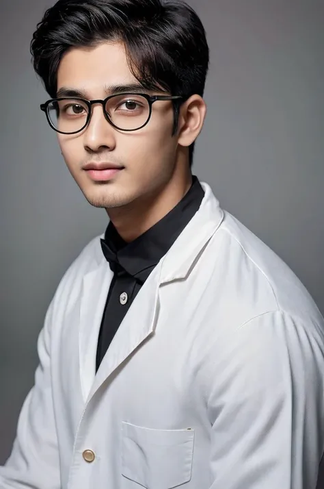  Photorealsitic, A Bangladeshi handsome, a 21-year-old man wearing spectacle, scientist cloth, Chuby face,no beard in face,detailed face details, spikey haircut, black panjabi,