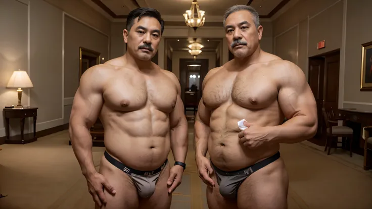 2 vietnamese grandfathers with gray hair, mature face, a thick mustache, a short chin beard, bear body, wearing a massive bulging gray jockstraps standing at the president room, have belly, big muscular chest, a sexy pose.
