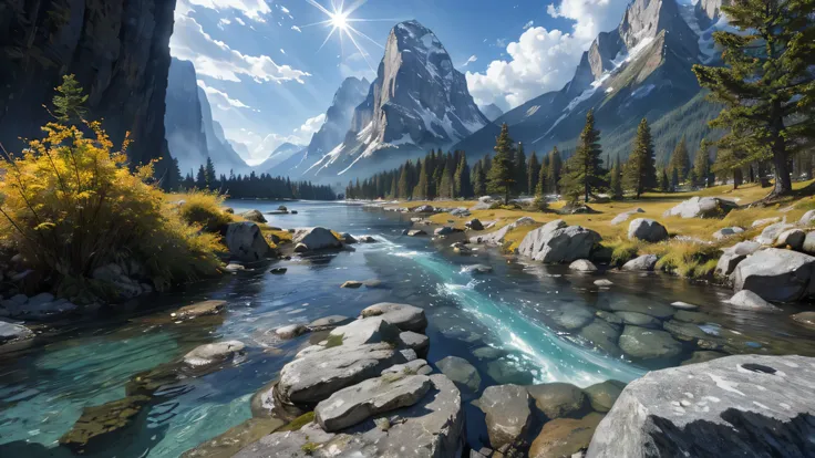 tmasterpiece，A high resolution，rivulets，flowingwater，Crystal clear rivers and towering mountains，Spectacular sights，rays of sunshine，ultra-realistic graphics