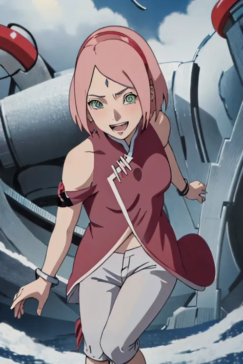 anime screencap, pink hair, short hair, green eyes,skinny, absurdres , 1girl,haruno sakura, red sleeveless dress, white pants, bracelets, forehead mark, red hairband, uchiha crest, small breasts, solo, cleavage, open mouth, looking at viewer, smile, leanin...