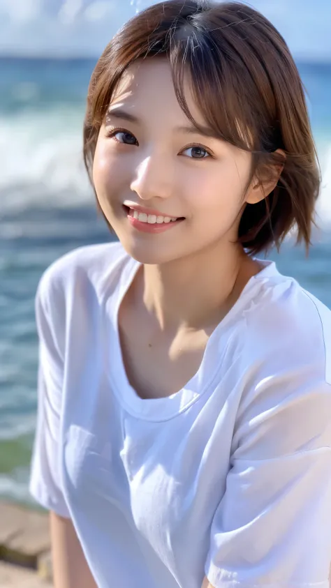 table top、(highest quality、4k、8k、High resolution、master piece: 1.2)、Super detailed、(real、photorealistic、photorealistic: 1.37)、full body shot、whiteＴshirt、Complex and beautiful eyes、woman、short hair、natural color lip、bold and sexy pose、smile、Ocean、20 year ol...