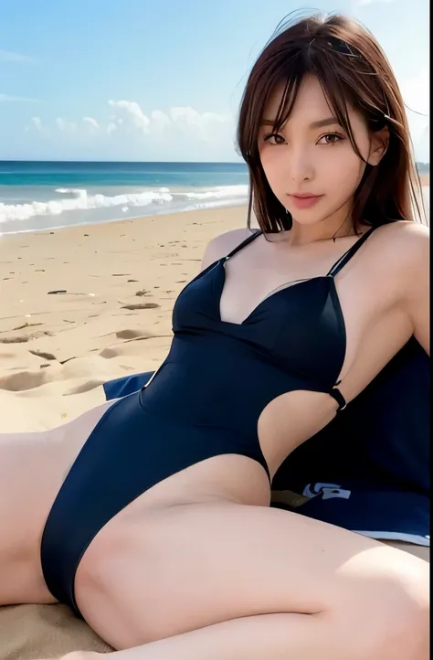 Full body, A slender girl with short, brown hair wearing a tight-fitting school swimsuit with a cheerful smile, lie down on her back on a sandy beach. She has a flat chest and a  figure. The sunlight illuminates her face, highlighting the joyful expression...