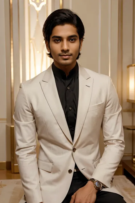 a photorealistic digital influencer portraying a young indian man exuding confidence and sophistication. The influencer should possess a fair skin tone, radiating an aura of affluence and success. He should exude a bold and intelligent demeanor, with a gen...