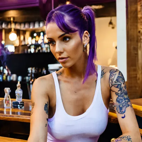 Girl with purple hair and hairstyle with ponytail, light eyes, tattoos on her arms both, smoking a cigarette, in the background she is in a bar, wears a white tank top, shows big tits