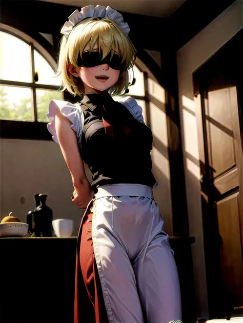 seras, maid, maid headdress, front view, ((arms behind back)), fangs, vampire, solo, 1girl, indoors, blindfold, blindfolded, sta...