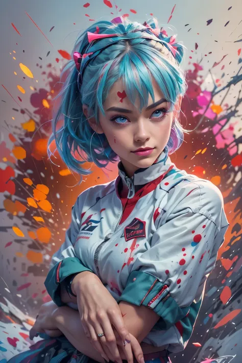 masterpiece portrait of smiling Rei Ayanami (evangelion), evangelion (Hideaki), caustics, high resolution illustration, red eyes, feminine, no pupils, blue hair,  short hair, japanese , loafers, swpunk, synthwave, paint splatters, shaded flat illustration,...