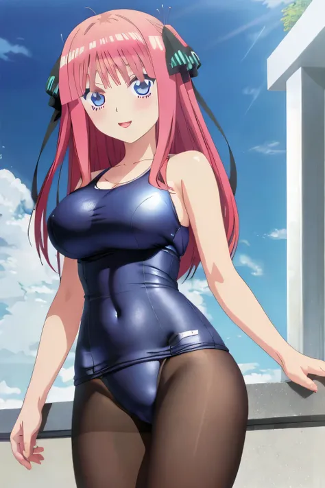 best quality, ultra-detailed masterpiece, anime art style, cute characters, nino nakano, one-piece swimsuit, large breasts, pantyhose, sexypose