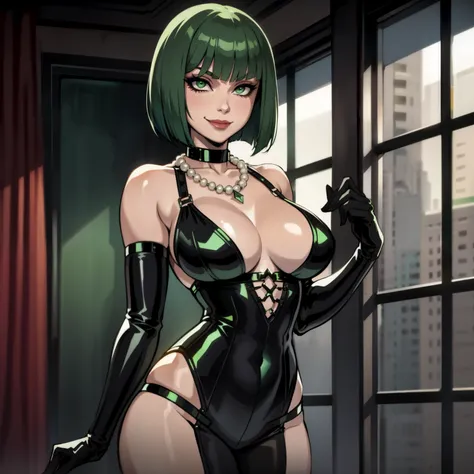 female with green fringe style bob haircut, wearing BDSM dominatrix gear, wearing pearl necklaces, dominant pose, seductive smile, alone, solo, alone, (SOLO)(ALONE)