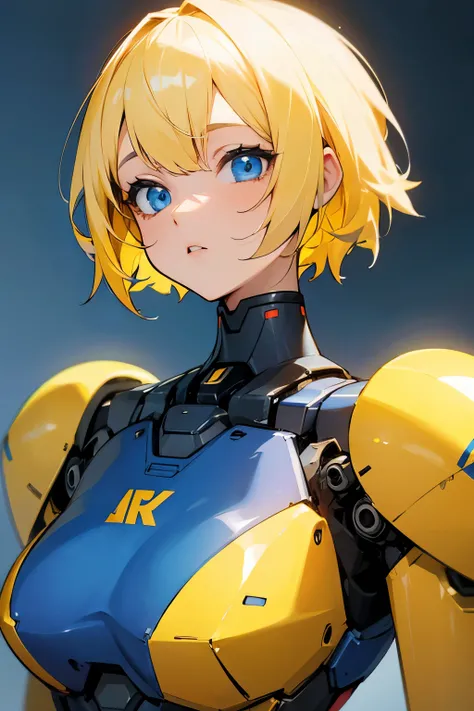 Girl, short yellow hair, blue eyes, robot