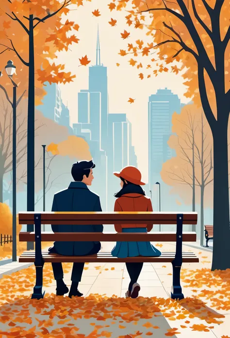 （（（vector illustration））），flat coating，（（celluloid style）），（children illustration），side view，fallen leaves，couple on park bench，...