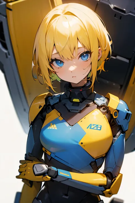 Girl, short yellow hair, blue eyes, robot