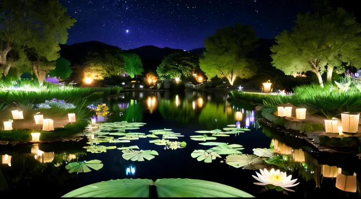 masterpiece, highest quality, ultra-detaileded, (Water lily pond night, pond grass, Stone bridge with lanterns at night, White carp, midnight, beautiful night sky, starry night, Milky Way, surreal landscape, 4k, 8K:1.2), Shadows, contrast, sunny, constella...