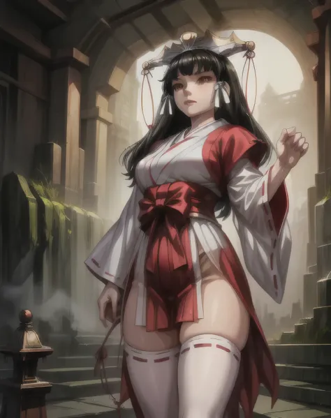 KaguyaK,1girl,solo,long hair,large breasts,black hair,brown eyes,standing,dynamic pose,masterpiece,best quality,absurdres,perfect anatomy,cinematic lighting,cowboy shot,hair ribbon,(japanese clothes,red:1.1),thighhighs,white thighhighs,see-through,sandals,...