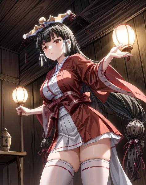 KaguyaK,1girl,solo,long hair,large breasts,black hair,brown eyes,standing,dynamic pose,masterpiece,best quality,absurdres,perfect anatomy,cinematic lighting,cowboy shot,hair ribbon,(japanese clothes,red:1.1),thighhighs,white thighhighs,see-through,sandals,...