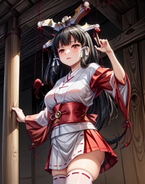 KaguyaK,1girl,solo,long hair,large breasts,black hair,brown eyes,standing,dynamic pose,masterpiece,best quality,absurdres,perfect anatomy,cinematic lighting,cowboy shot,hair ribbon,(japanese clothes,red:1.1),thighhighs,white thighhighs,see-through,sandals,...