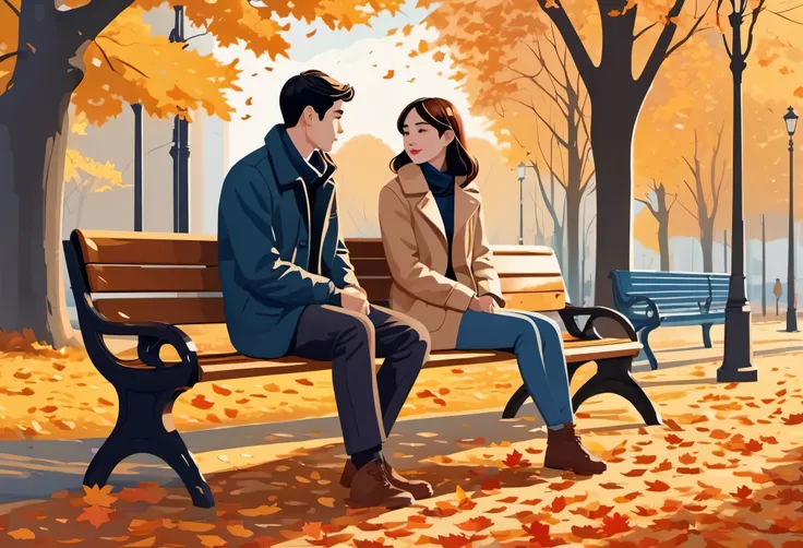 （（（vector illustration））），flat coating，（（celluloid style）），（children illustration），side view，fallen leaves，couple on park bench，...