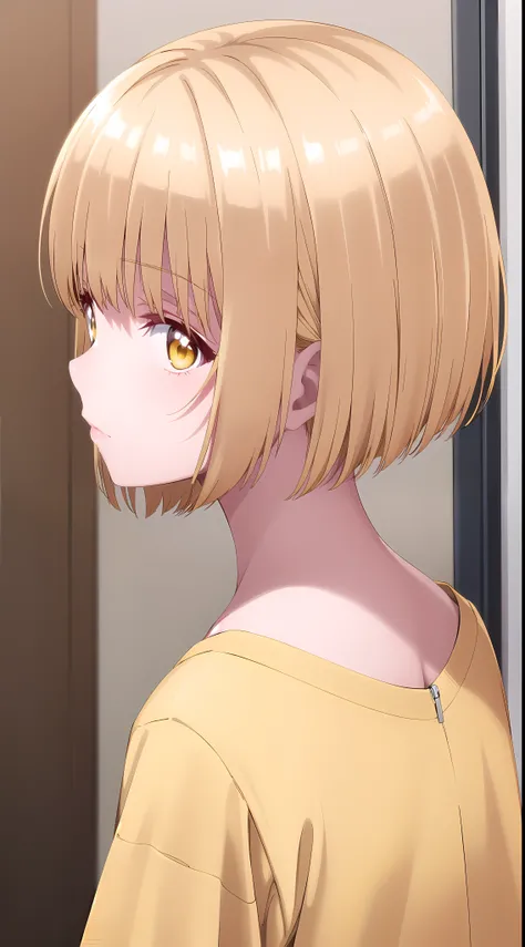 1girl, solo, exposed back, looking at viewer, yellow hair, brown hair, bob hair, short hair, short bob hair, bob cut, haircut, undercut, bobbed hair, minibob, buzz hair cut, sidecut, yellow eyes, Shave his hair, Short ear hair