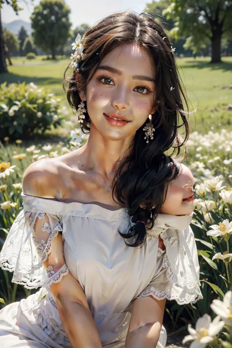 Best quality, masterpiece, ultra high res, (photorealistic:1.4), raw photo, 1girl, white dress, off shoulder, blossom flower field, glowing skin, light smile,big  and Indian face 