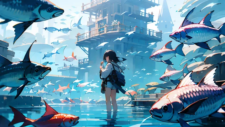 fantasy、nostalgic、fantasy、A girl is standing in the distance、view from the water、a lot of fish are swimming、