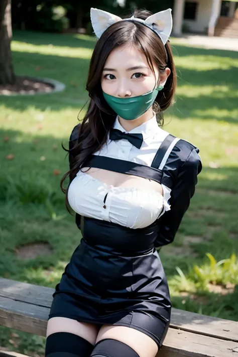 1girl, solo, wrapgag, tape gag, gagged, light blush, maid, maid headdress, maid apron, long sleeves, outdoors, upper body, bound...