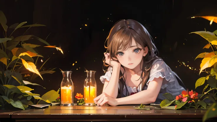 (8K, top quality, table top: 1.2), (realistic, realistic: 1.37), Super detailed, one girl, Wide-angle angle of view, firefly garden, There are lots of tiny lights and fireflies flying around, night