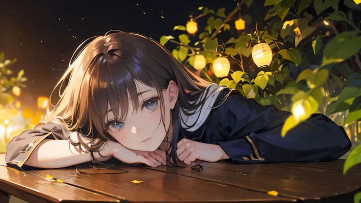 (8K, top quality, table top: 1.2), (realistic, realistic: 1.37), Super detailed, one girl, Wide-angle angle of view, firefly garden, There are lots of tiny lights and fireflies flying around, night