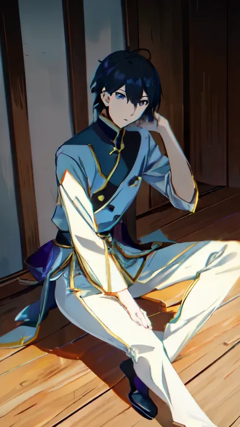 anime boy sitting on the floor in front of a wooden structure, inspirado em munakata shiko, inspirado em yamagata hiro, makoto s...