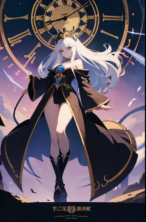 ((best quality)), ((masterpiece)), (detailed), perfect face, princess, youthful, long white hair, goddess of magic and time, witch queen, anime mage, sorceress, low cut robe, robe open at the chest, clock motif, magical tentacles, clock face in the sky, an...