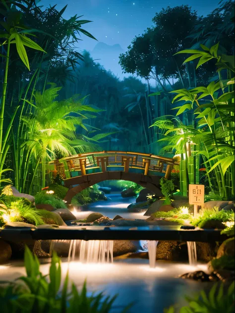 fantasy jungle, bamboo tree fantasy, long bamboo tree, realistic, consumption environment, artificial intelligence, Artificial water source, Build a bridge between two different locations surrounded by bamboo forest, night view, 8K highest quality, AMD fid...