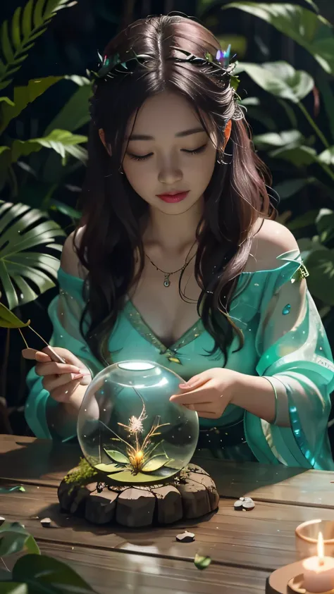 Fantasy in lots of glass, Light up the night,"Ethereal rose, Lovely slime,animal, glowing little mushrooms surrounded by delicate leaves and branches, As well as firefly and luminous particle effects, girl", (natural elements), (jungle theme), (foliage), (...