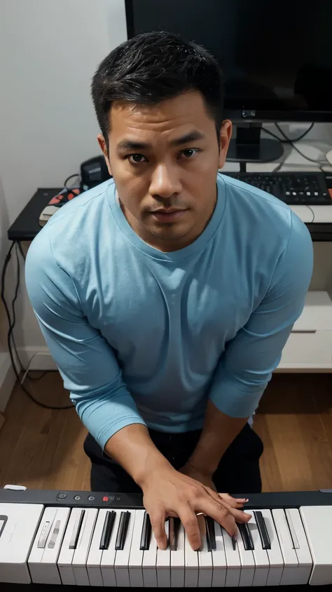 make a picture of a 35 year old Indonesian man, slightly stocky body with a clean white face, neat short hair, wearing a long sleeved blue and black t-shirt that says "YAN AUDIO", with soft hairy hands, very detailed skin, standing straight facing the came...