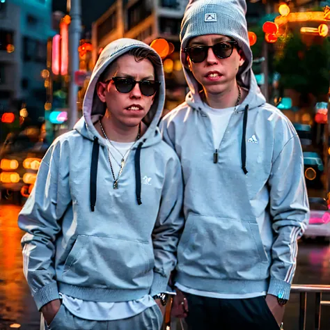 coopie 1boy wearing a grey hoodie with the hood on, wearing black sunglasses, standing in front of a coffeeshop in amsterdam, rainy day, sunset, red lights in the background