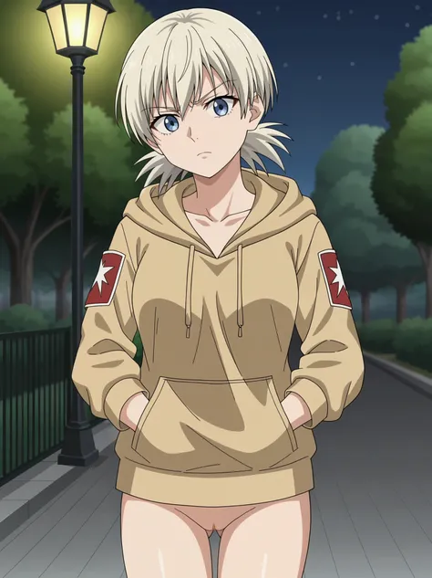 source_anime,score_9,score_8_up,screencap, anime screencap, BREAK, 1girl,solo,outdoors,public park,park,hellsing,seras,public,oversized Hoodie,hood up,no pants,no panties,looking at viewer,confused,confused expression,head tilt,pussy,vagina,medium length h...