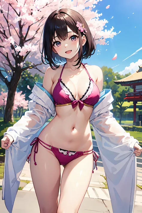 highest quality、very delicate and beautiful、japanese hair、Gravure idol pose、pink bikini、20&#39;s、 Are standing、laughter、facing the front、cherry blossoms in the background