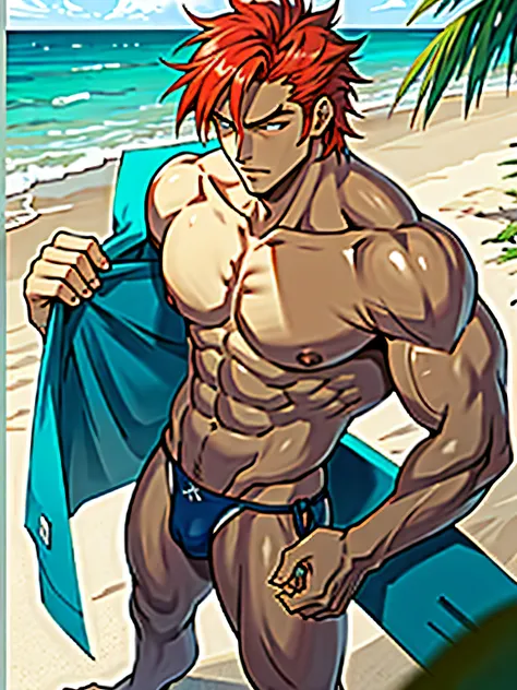 Anime man,muscular,beach background,handsome,high quality,mature,small swimsuit