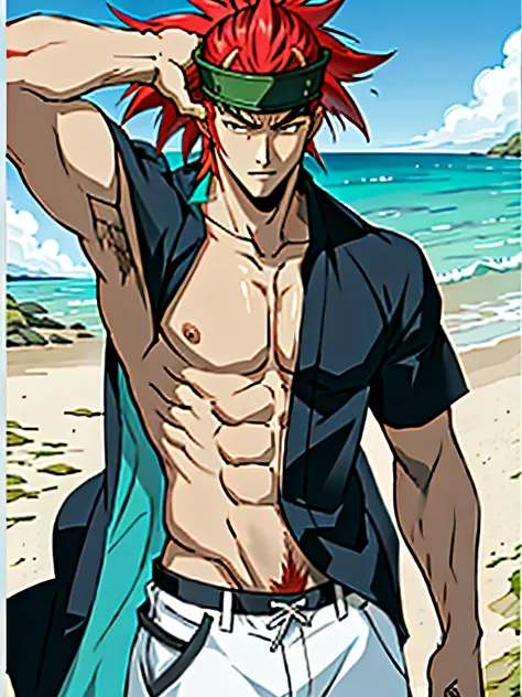 Anime man,muscular,beach background,handsome,high quality,mature,posing for viewer,big chest,bara