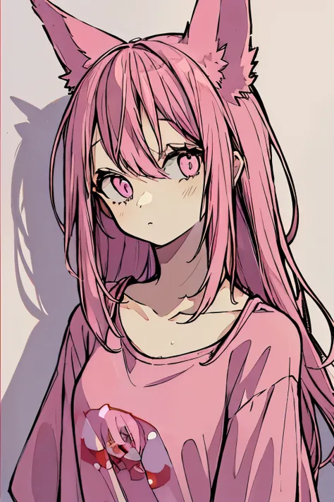 1girl, pink hair,pink ayes,pink shirt , cast ears