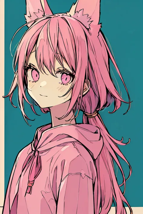 1girl, pink hair,pink ayes,pink shirt , cast ears