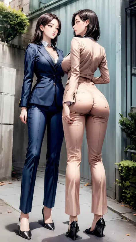 1 girl，A 25-year-old，(best quality, masterpiece:1.2), Perfect body, slim waist, small breasts, business attire，suit， trousers, back alley, energetic，1 girl, golden ratio,[:(Have detailed faces:1.2):0.2]:，Pure love face_v1，standing，Look from your hips，Close...