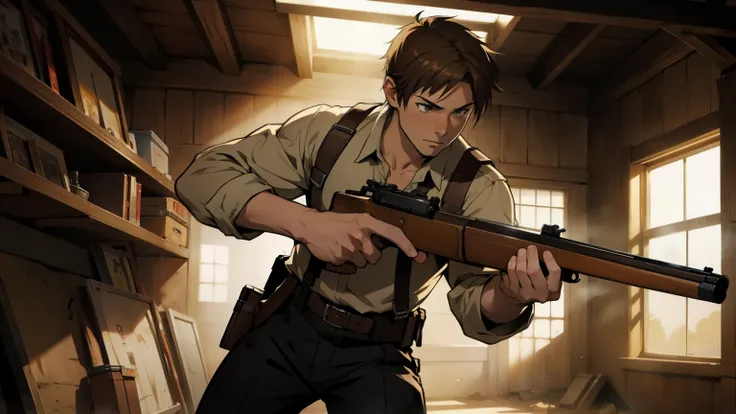 alone, anime characters，brown hair，Holding a Winchester rifle, dynamic lighting，Cartoon，juvenile，