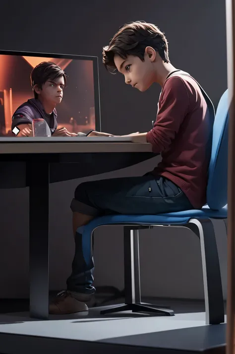 , one standing behind the boy sitting at a table with a laptop, sentado em um computador, twins playing video games, jogo de computador, futuro codificador olhando para, pintado digitalmente, ainda de um filme live action, Artista CG, cg arte, um ultra rea...