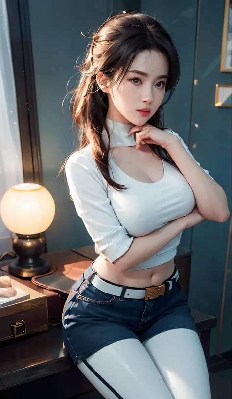 1个Giant Breast Girl， beautiful eyes，red face，lips slightly open，full, symmetrical breasts，Protruding buttocks，Tight sweatshirt，White tight yoga pants，camel toe，The lines between the thighs are very delicate，white sneakers，black hair，high ponytail，belt，Tatt...