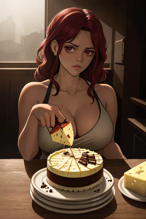 Photorealistic Appetizing slice of cherry cheesecake with chocolate, delicious, fragrant, close-up, highly detailed, intricate detail, raw photo, lifelike rendering, immersive atmosphere, chiaroscuro, moody lighting, jortega ((covered in cheese cake))